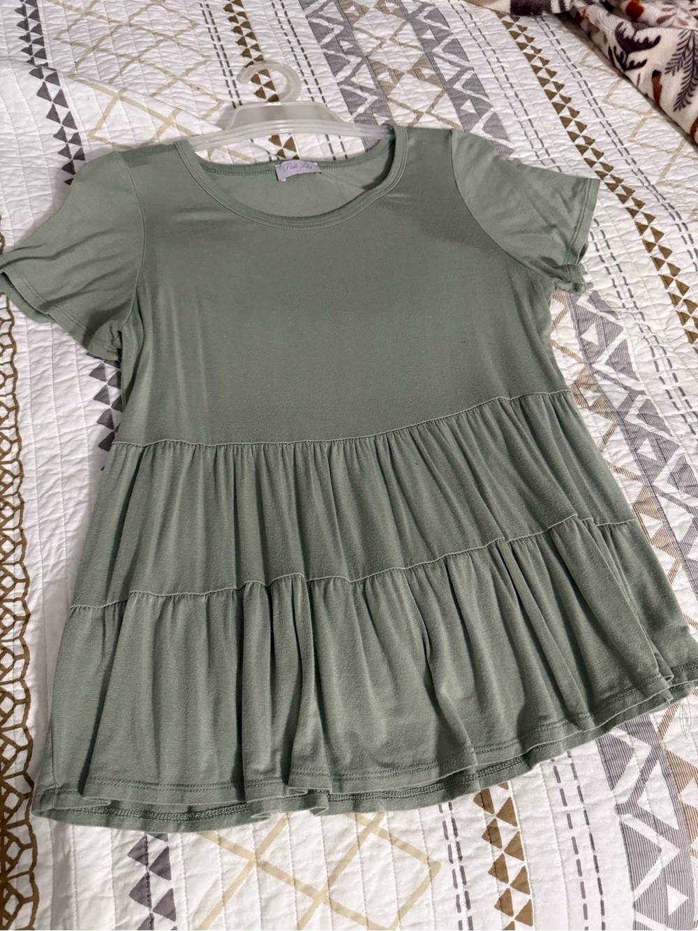 Pink Lily Sage Green Tiered Short-Sleeve Tunic